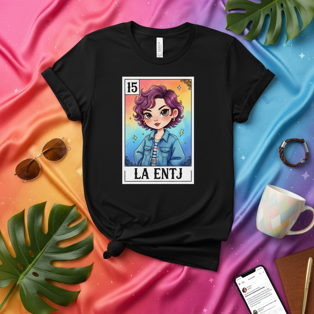 LA ENTJ Loteria Card T-Shirt, Myer-Briggs Personality Type Tee, Funny Tarot Card Style Graphic Shirt, Rainbow Aesthetic, Unisex MBTI Gift for Extroverted Intuitive Thinking Judging Type, Card Number 15