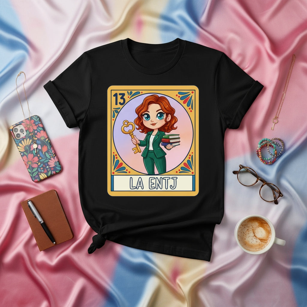 LA ENTJ Loteria Card T-Shirt, ENTJ Personality Type Gift, Myers-Briggs Tee, The Commander MBTI Key and Books Graphic, Unisex Black T-Shirt, Number 13 Card Design