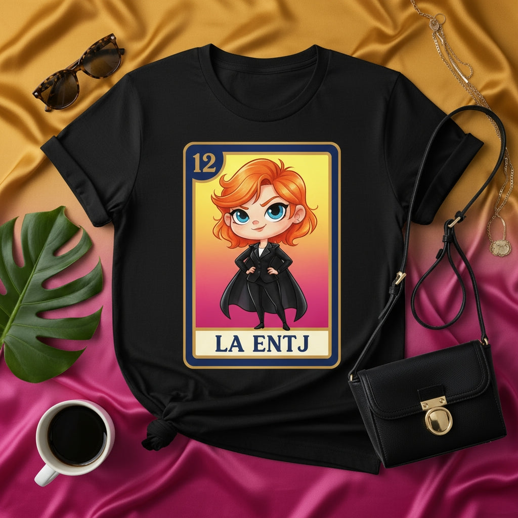 LA ENTJ Unisex T-Shirt - Cute Cartoon Lotería Card Design, Number 12, Executive Personality Type MBTI Graphic Tee, Black Shirt with Red-Haired Woman Character