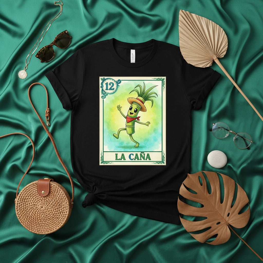LA CAÑA Funny Sugar Cane Loteria Card T-Shirt, Mexican Bingo Game Tee, Cute La Caña Character Graphic Shirt, Unisex Latina Latino Gift T-shirt