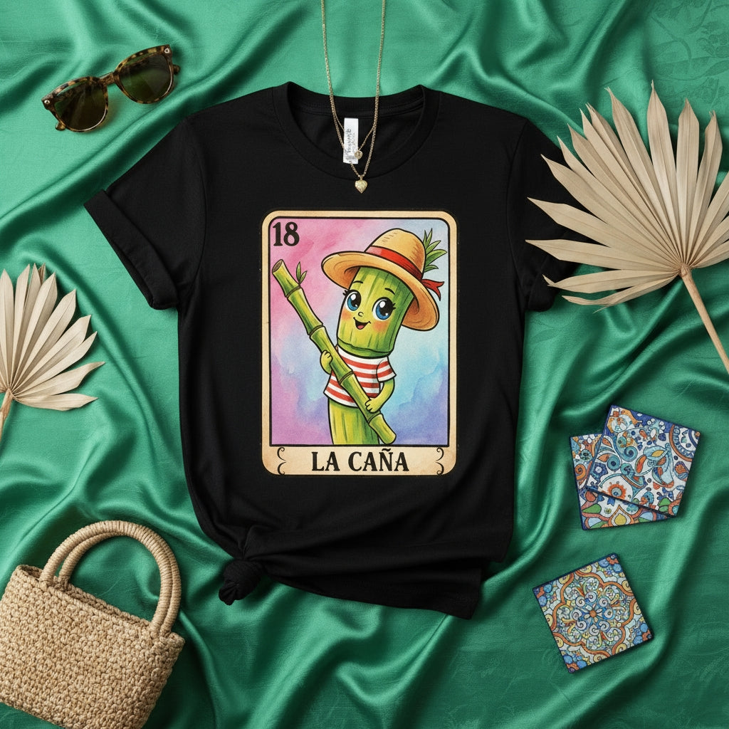 LA CAÑA Cute Sugarcane Loteria Card 18 Unisex T-Shirt - Mexican Bingo Game Art Tee - Sweet Tropical Food Graphic Apparel Gift