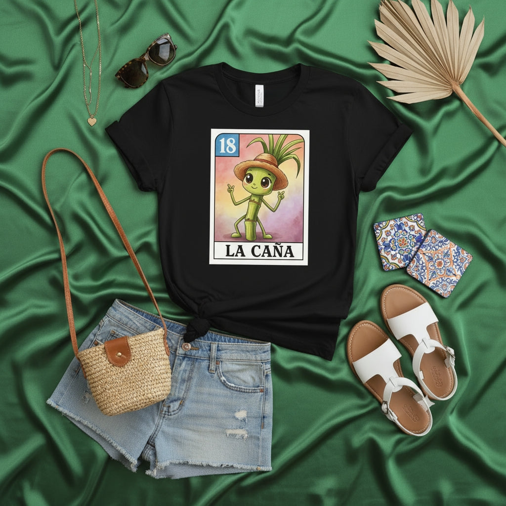 LA CAÑA Loteria Card 18 Cute Sugarcane Character Unisex T-Shirt Mexican Bingo Game Shirt Graphic Tee Gift for Him or Her Under 240 Characters