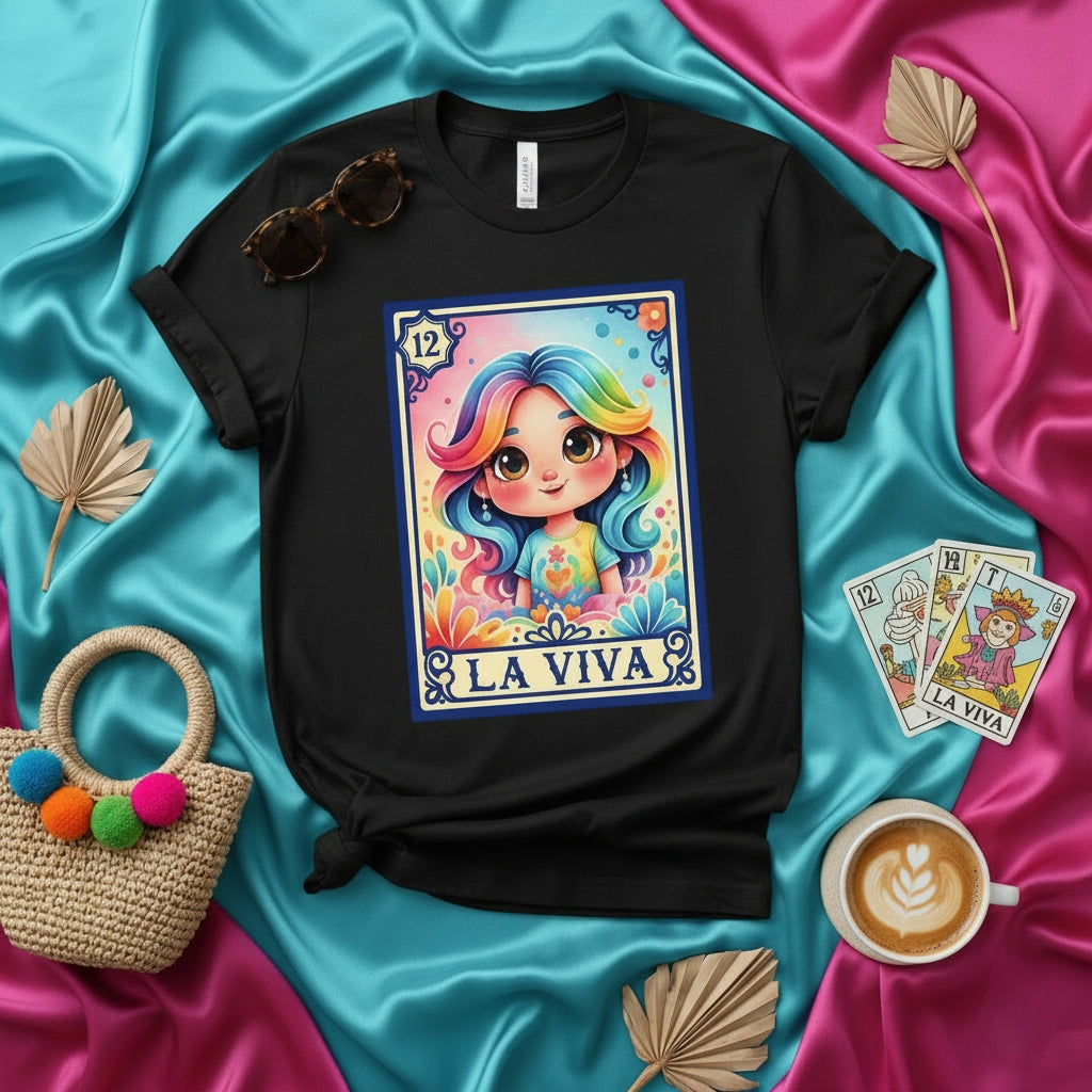 LA VIVA Rainbow Hair Girl Loteria Card T-Shirt, Cute Mexican Bingo Style Graphic Tee, Unisex Black Shirt, Colorful Boho Chic Design, The Alive One Art Print Apparel
