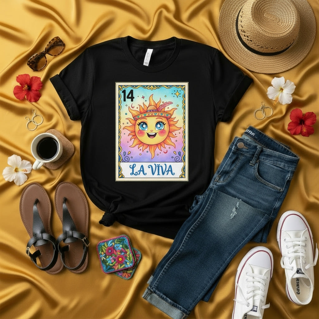 LA VIVA Sun Loteria Card T-Shirt, Mexican Bingo Game Day Tee, Cute Happy Sun with Headband Graphic Shirt, Unisex Latina Culture Apparel Gift Idea