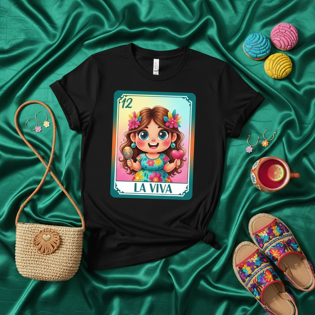 LA VIVA LoterĂa Card 12 T-Shirt Cute Girl Maracas Heart Flowers Mexican Bingo Game Tee Unisex Festival Vacation Gift Idea