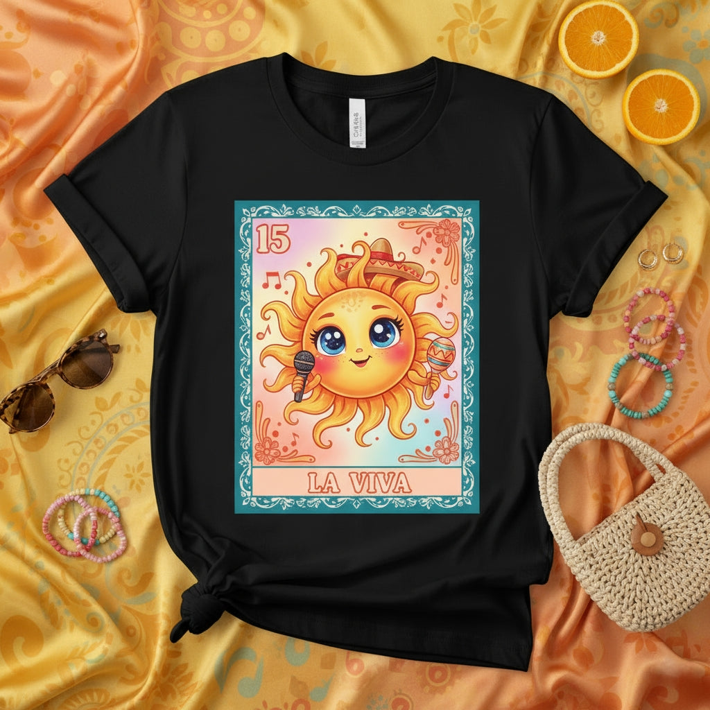 LA VIVA Loteria Card Sun T-Shirt, Mexican Bingo El Sol Cartoon Tee, Kawaii Bright Happy Sun Character Graphic Unisex Shirt, Latinx Culture Gift Idea