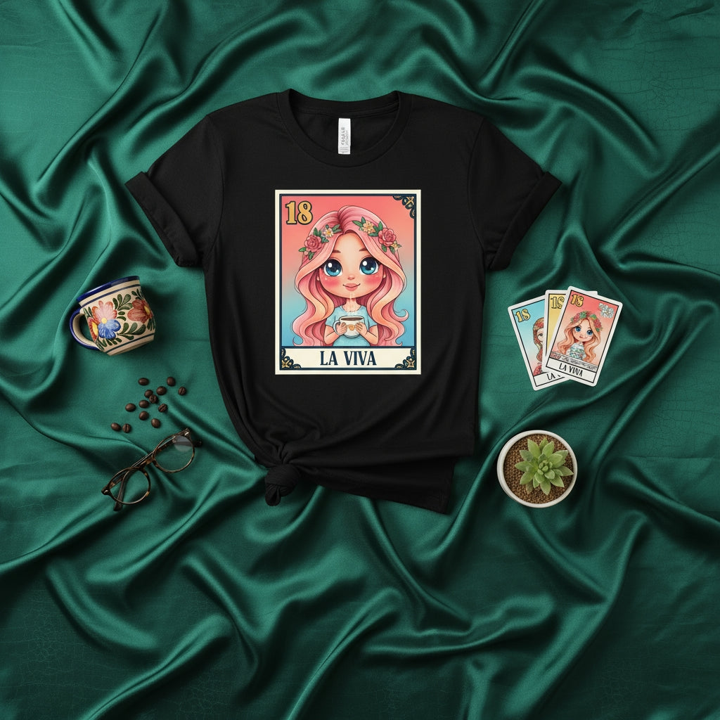 LA VIVA Loteria Card T-Shirt Cute Pink Hair Girl Floral Crown 18 Mexican Bingo Game Shirt Graphic Tee Unisex Gift