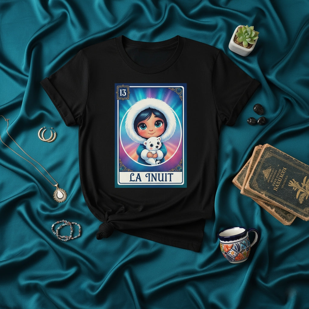 LA INUIT Cute Child Holding Polar Bear Arctic Lotería Card Unisex Black T-Shirt, Northern Lights Winter Apparel, Unique Mexican Bingo Style Design, Number 13 Tee Gift for Indigenous Culture Fans