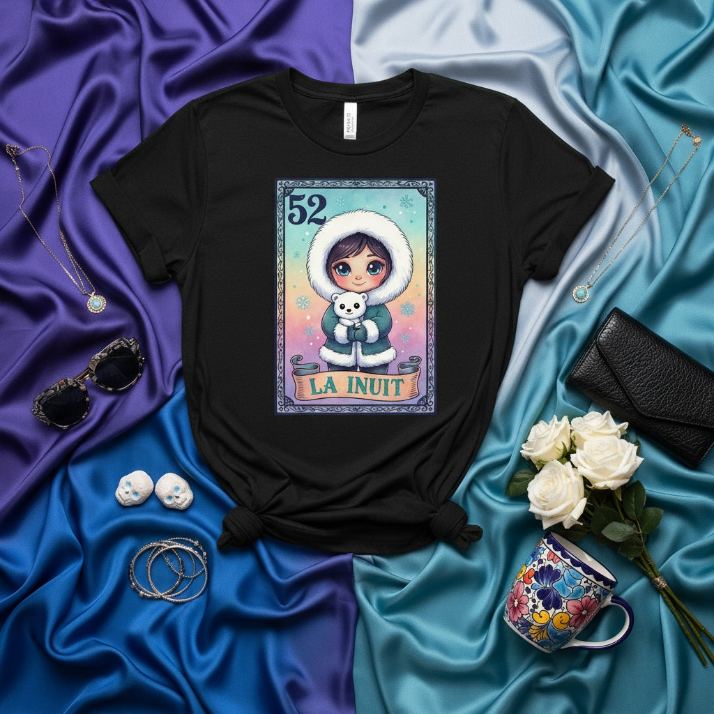 LA INUIT Cute Girl in Parka with Polar Bear Loteria Card 52 T-Shirt, Pastel Winter Aesthetic Graphic Tee, Indigenous Culture Inspired Unisex Shirt