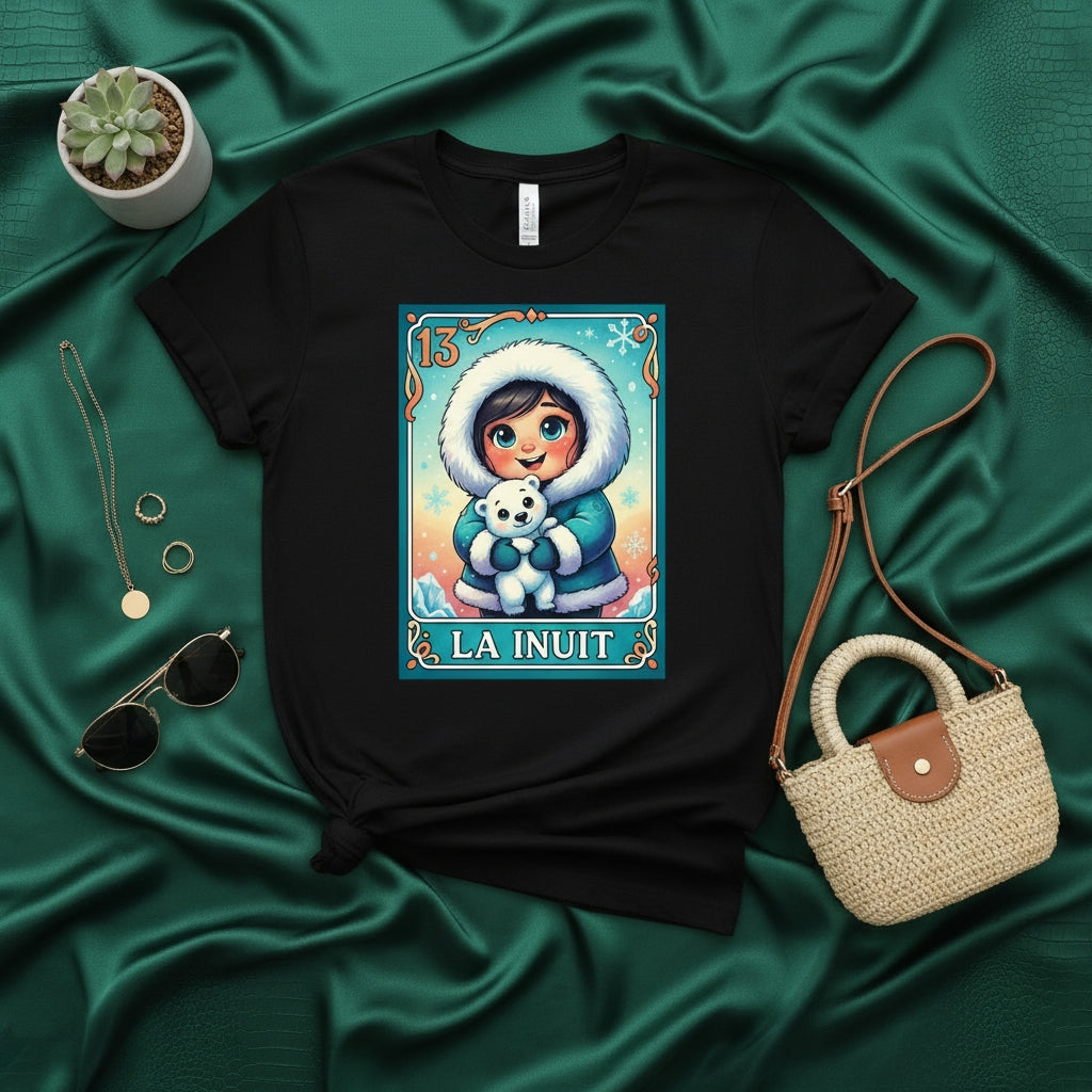 LA INUIT Cute Child Holding Polar Bear Loteria Card Unisex T-Shirt - Number 13 Mexican Bingo Tee - Kids Winter Art Graphic Apparel - Unique Gift Idea