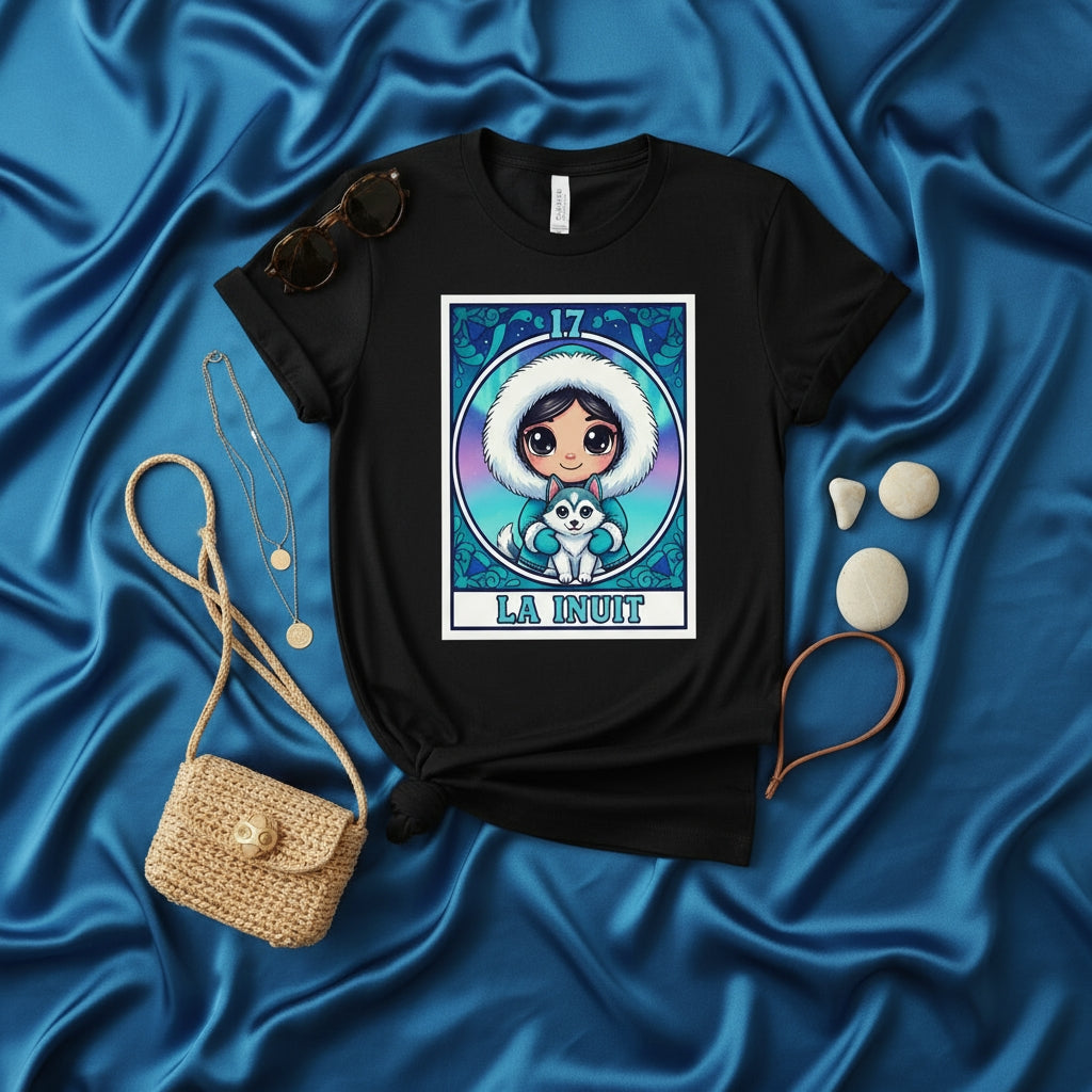 LA INUIT Loteria Card Shirt, Cute Winter Girl Husky Dog T-Shirt, Kawaii Indigenous Arctic Design, Unisex Graphic Tee, Number 17 Gift Idea
