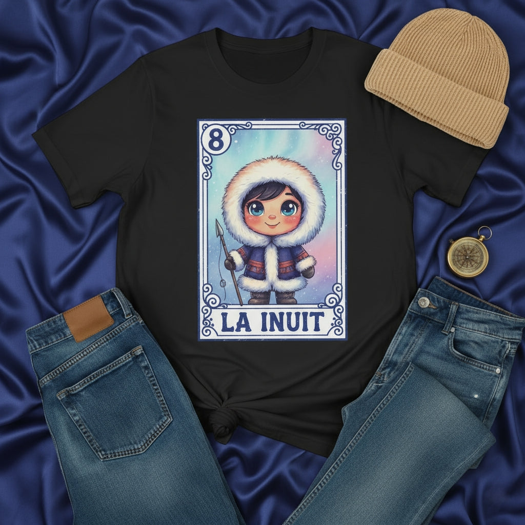 LA INUIT Lotería Card T-Shirt: Adorable Cartoon Inuit Child in Parka with Spear, Unisex Black Tee, Cute Mexican Bingo Game Art, Number 8 Design