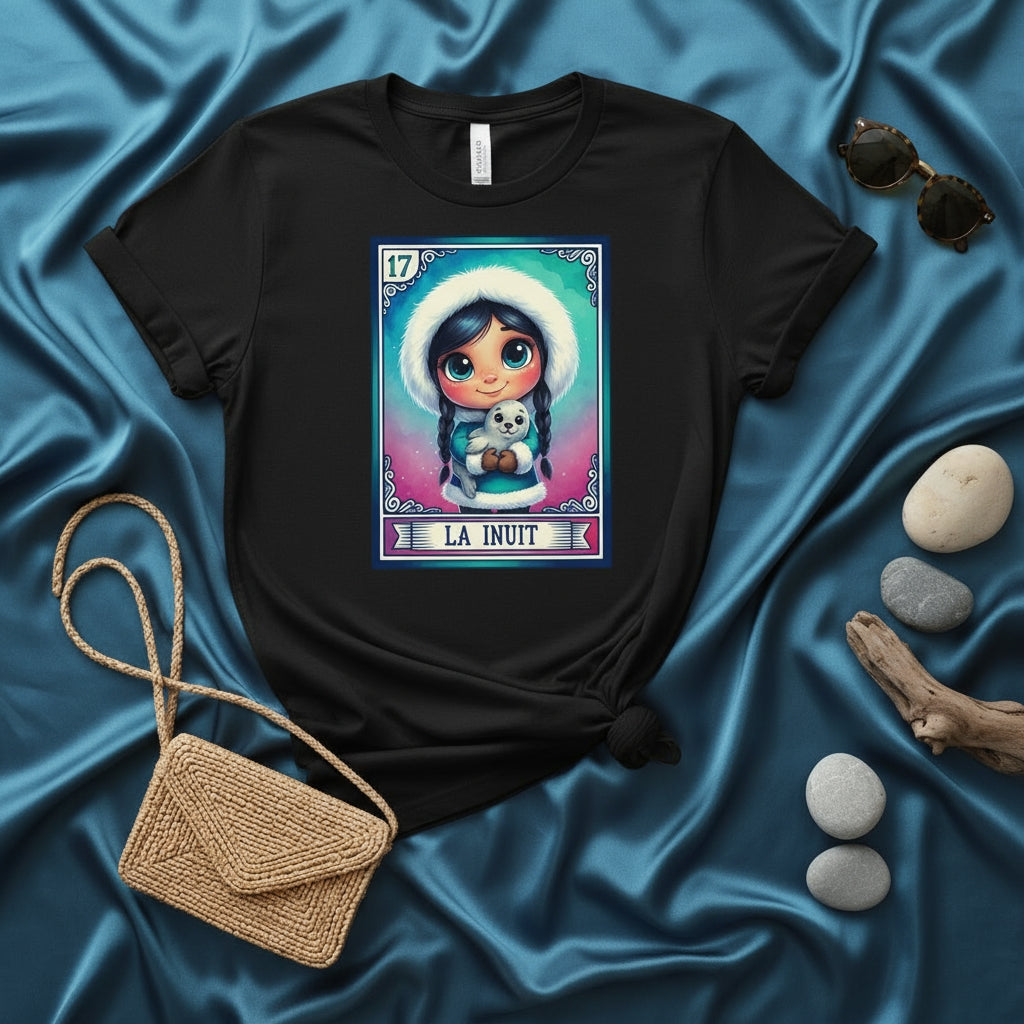 LA INUIT Loteria Card T-Shirt, Cute Girl in Parka Holding Seal Pup Design, Number 17 Mexican Bingo Style Graphic Tee, Unisex Winter Theme Shirt