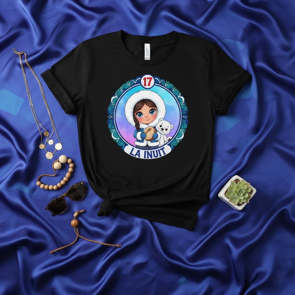 LA INUIT La Lotería Card 17 T-Shirt, Cute Girl in Parka with Polar Bear Cub Graphic Tee, Mexican Bingo Game Inspired Unisex Shirt, Native Culture Design Apparel