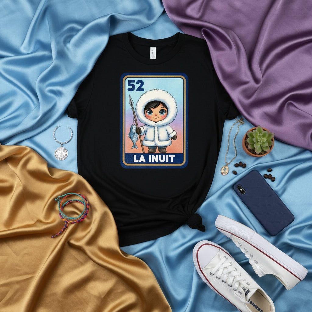 LA INUIT Lotería Card T-Shirt, Indigenous Inuit Child Fisherman Spear Design, Cute Graphic Tee for Men and Women, Number 52 Shirt