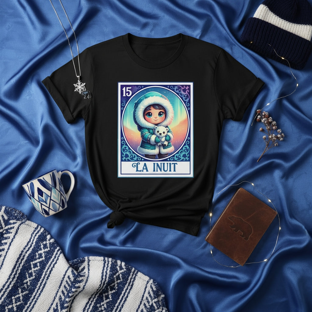 LA INUIT Unisex T-Shirt, Cute Winter Girl Arctic Theme Loteria Card 15 Design, Kawaii Child Holding Polar Bear Toy, Unique Gift for Indigenous Culture Lovers
