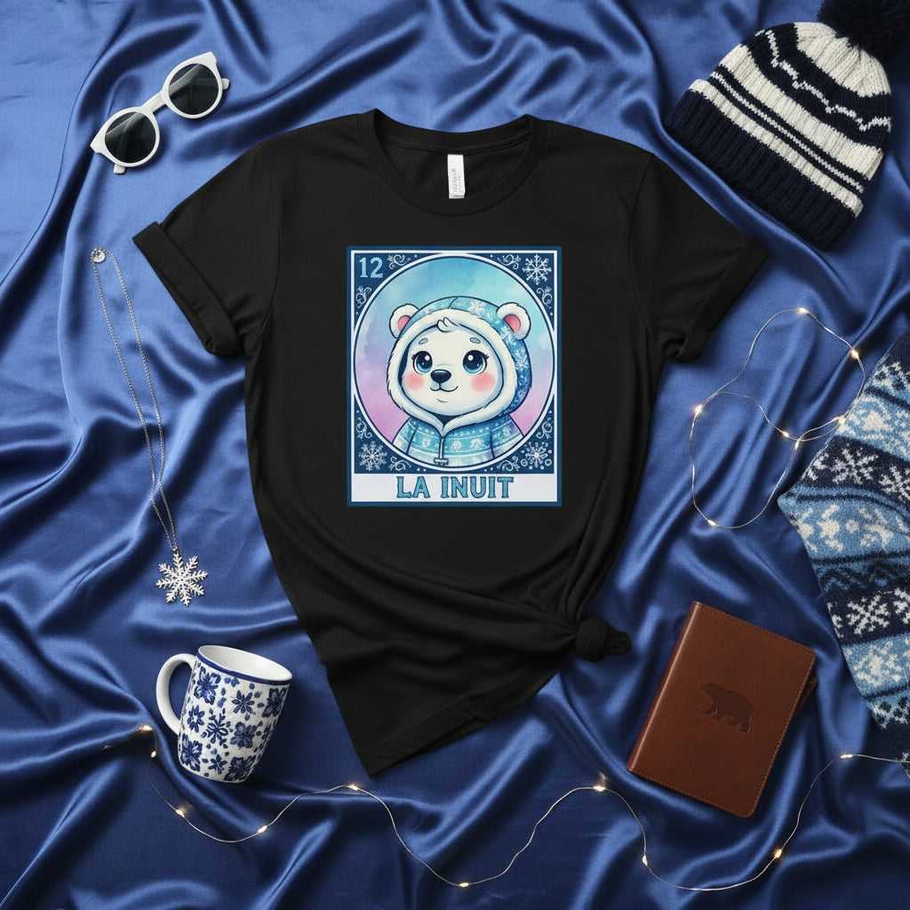 LA INUIT Loteria Card T-Shirt Cute Polar Bear Winter Snowflakes Design Unisex Graphic Tee Warm Weather Apparel