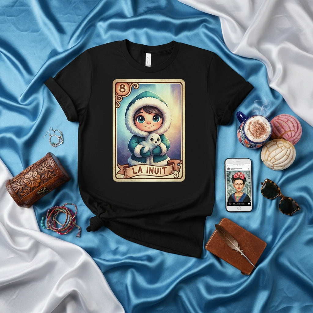 LA INUIT Cute Child Holding Seal Pup Loteria Card Graphic Tee Unisex Black T-Shirt, Adorable Polar Design, Mexican Bingo Game Inspired Apparel