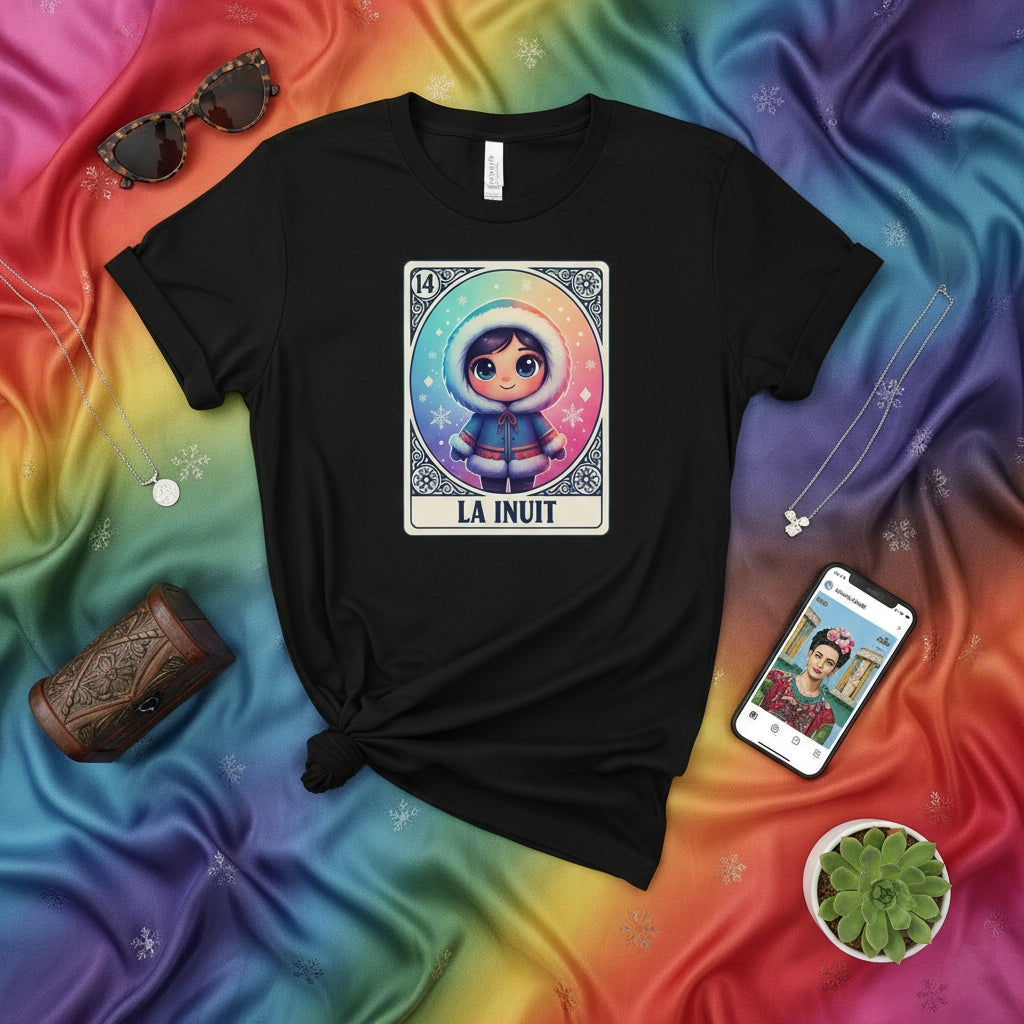 LA INUIT Loteria Card T-Shirt, Cute Chibi Inuit Character Winter Snow Rainbow Graphic Tee, Unisex Traditional Mexican Bingo Game Art Shirt, Culturally Inspired Apparel Gift