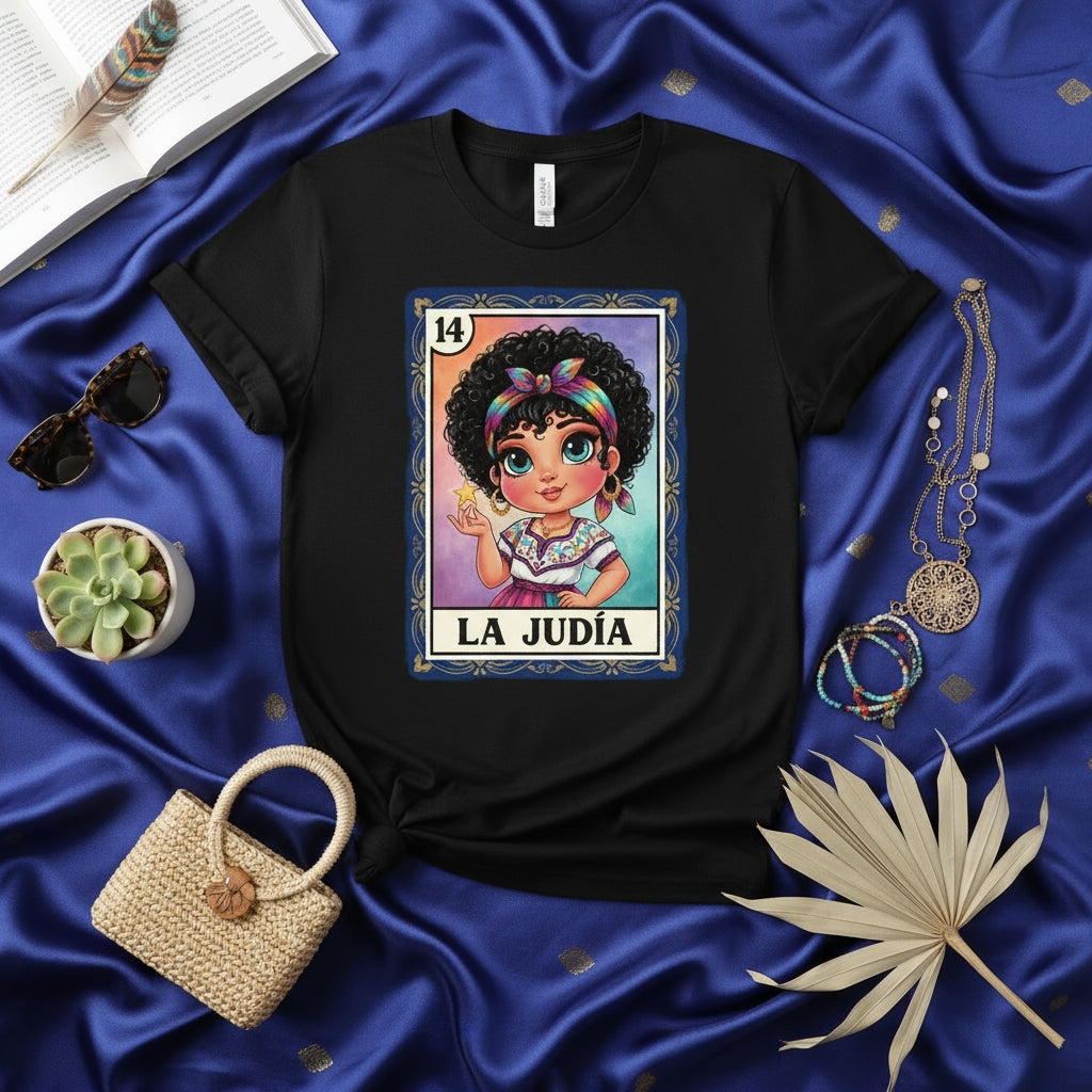 LA JUDÍA Lotería Card 14 T-Shirt, Cute Afro Curly Hair Girl Graphic Tee, Mexican Bingo Game Inspired Unisex Shirt, Traditional Latin Culture Gift Apparel