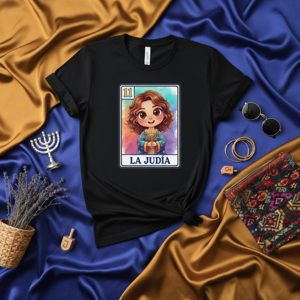 LA JUDÍA La Lotería Card 11 Cute Jewish Girl Holding Menorah Graphic T-Shirt Unisex Black Hanukkah Gift Tee Shirt for Women Men