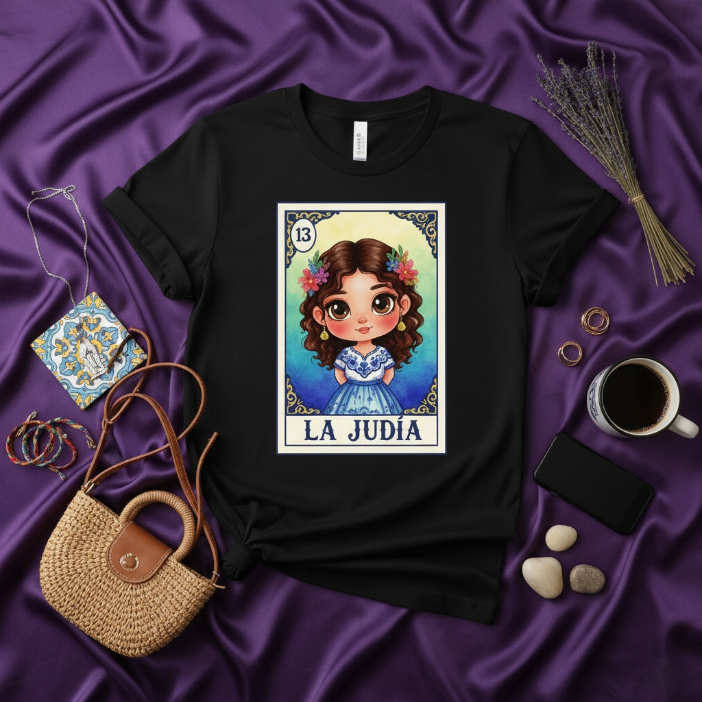 LA JUDÍA La Lotería Card 13 T-Shirt, Cute Chibi Girl with Flowers Mexican Bingo Game Design, Unisex Graphic Tee, Latina Culture Gift Idea