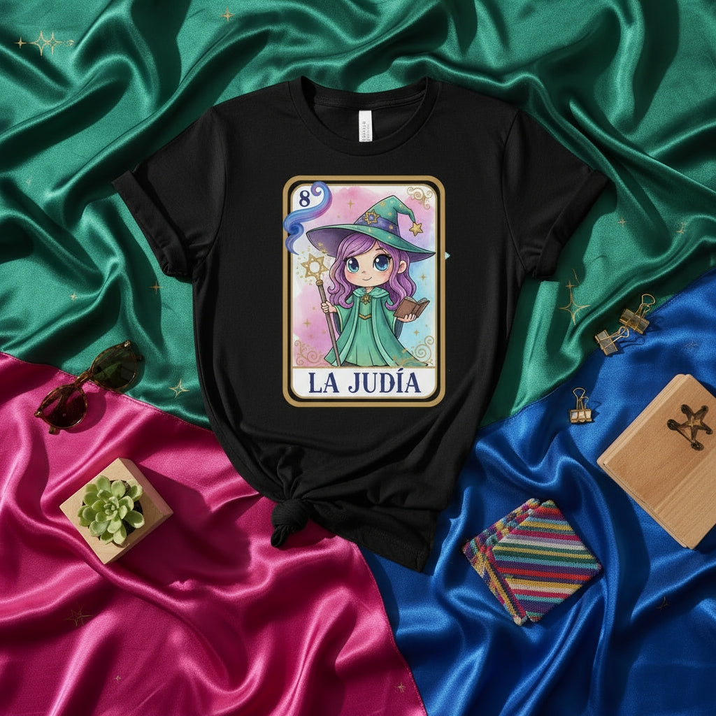 LA JUDÍA Cute Chibi Witch Loteria Card T-Shirt Unisex, Magical Fantasy Art Graphic Tee, Alternative Mexican Bingo Style Shirt Gift