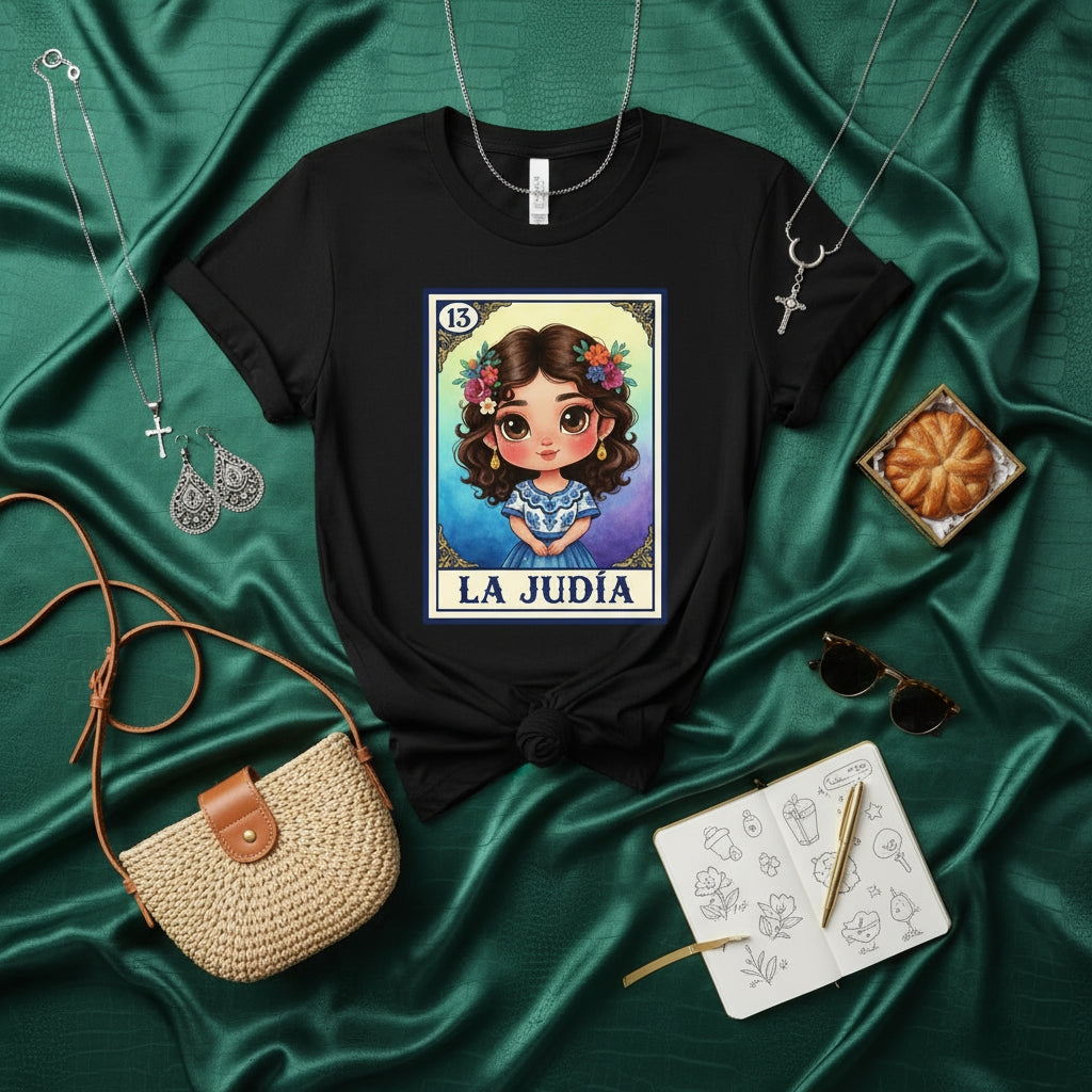 LA JUDÍA Cute Floral Crown Latina Girl Loteria Card T-Shirt, Mexican Bingo Game Inspired Unisex Tee, Gift for Her, Aesthetic Spanish Culture Apparel