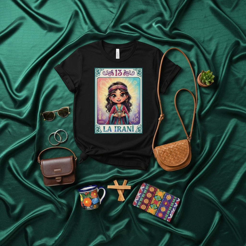 LA IRANÍ Lotería Card T-Shirt No. 13, Cute Chibi Persian Girl Design, Iranian Heritage Clothing, Colorful Boho Style Graphic Tee, Unisex Gift for Friends, Middle Eastern Culture Shirt