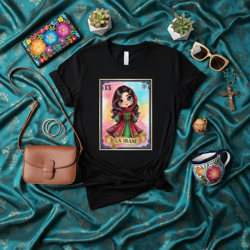 LA IRANÍ La Lotería Card 13 T-Shirt: Kawaii Cute Chibi Girl with Green and Red Dress Graphic Tee, Unisex Mexican Bingo Inspired Folk Art Style Shirt, Latina Culture Gift Idea