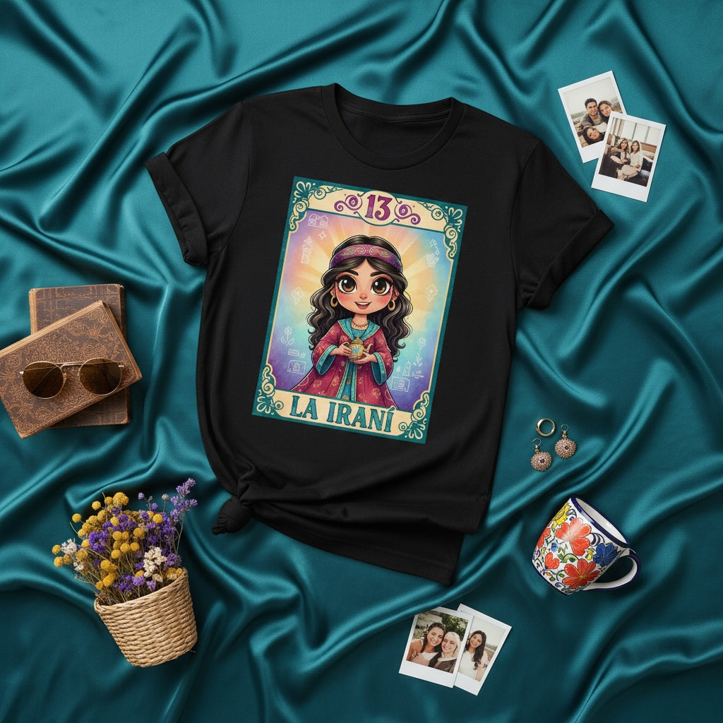LA IRANÍ Loteria Card T-Shirt, Cute Persian Girl Graphic Tee, Number 13, Mystical Tarot Style Art, Unisex Black Shirt Gift