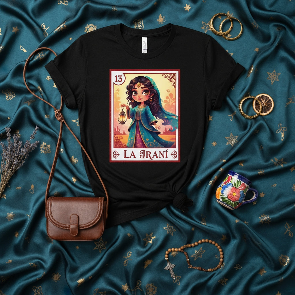 La Iraní Lotería Card 13 T-Shirt, Persian Girl with Lantern Graphic Tee, Cute Vintage Mexican Bingo Game Art Shirt, Traditional Culture Gift