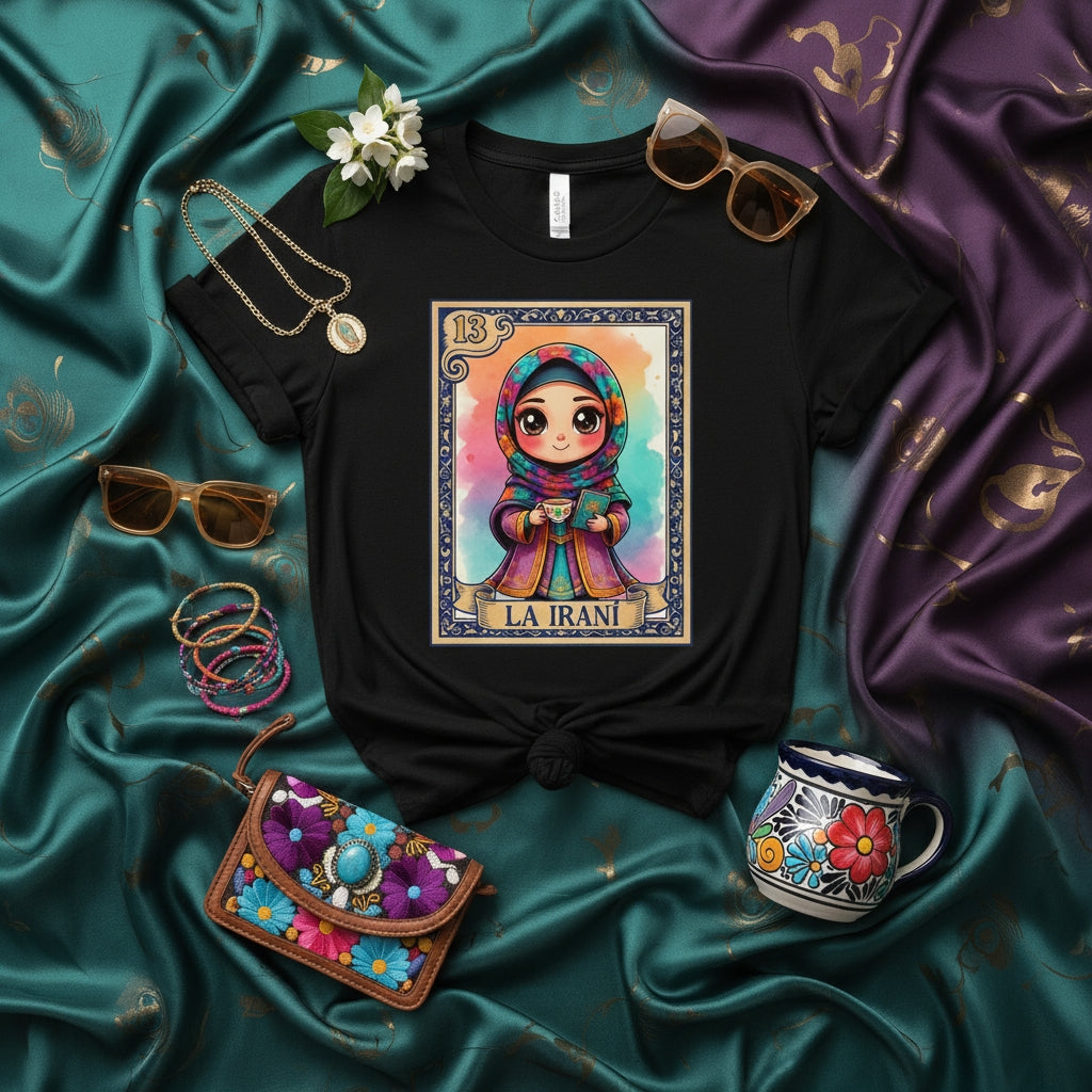 LA IRANI Cute Iranian Girl Loteria Card T-Shirt, Unisex Graphic Tee, Hijab Culture Art, Unique Gift Idea