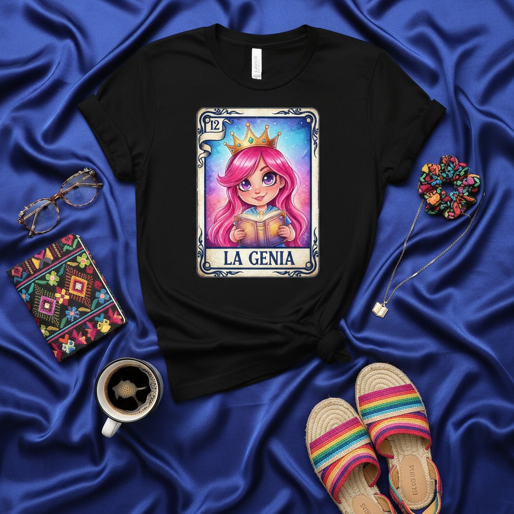 LA GENIA Pink Haired Princess Reading Book Lotería Card Tee, Number 12 Mexican Bingo T-Shirt, Cute Intellectual Queen Art Unisex Shirt, Kawaii Gift for Her