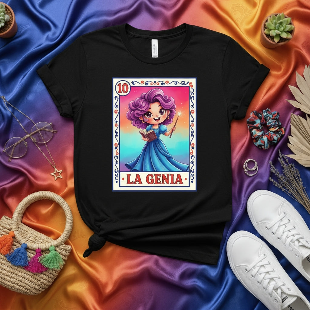 LA GENIA Lotería Card T-Shirt Cute Cartoon Genie Girl Reading Book Art Mexican Bingo Game Graphic Tee for Women Men Unisex Gift Idea