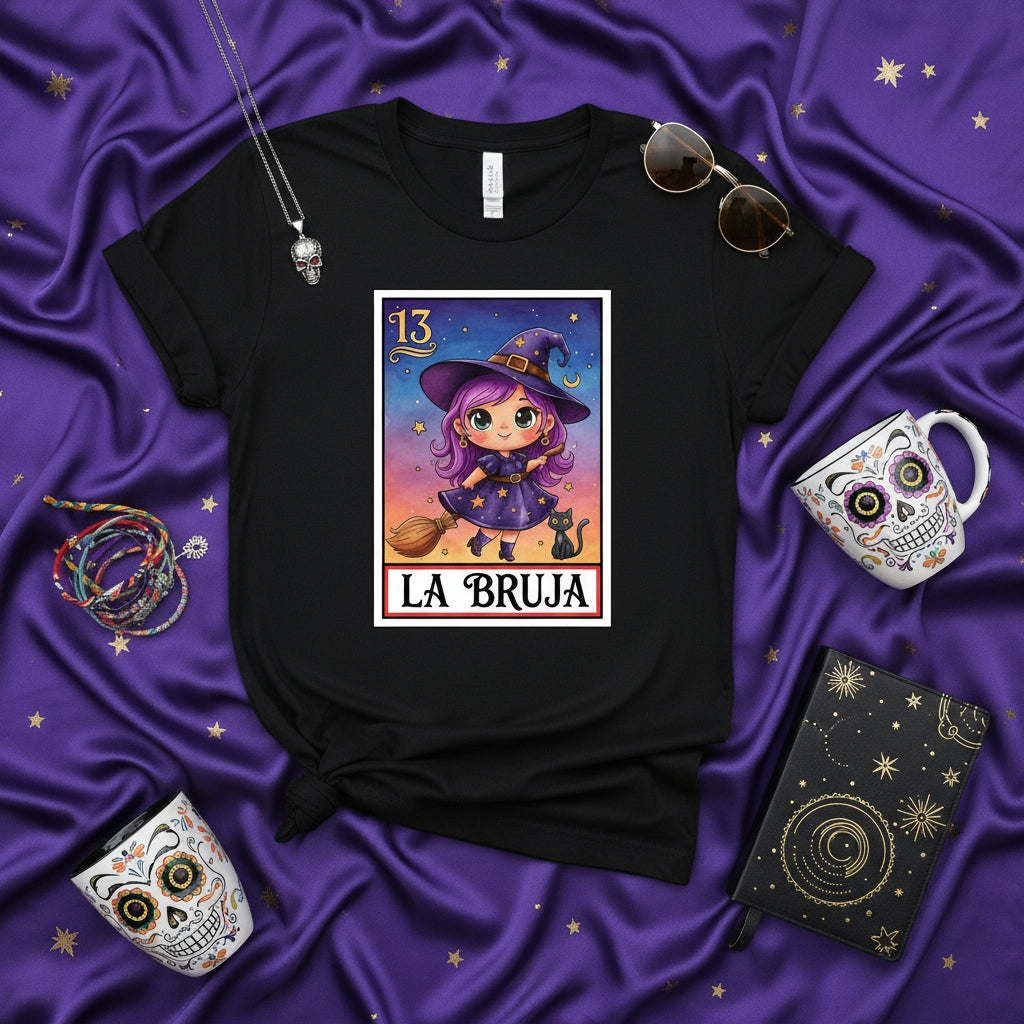 LA BRUJA Cute Chibi Witch Lotería Card 13 T-Shirt, Spooky Season Halloween Tee, Unisex Graphic Shirt, Purple Sunset Sky and Black Cat Design, Mexican Bingo Style Apparel Gift