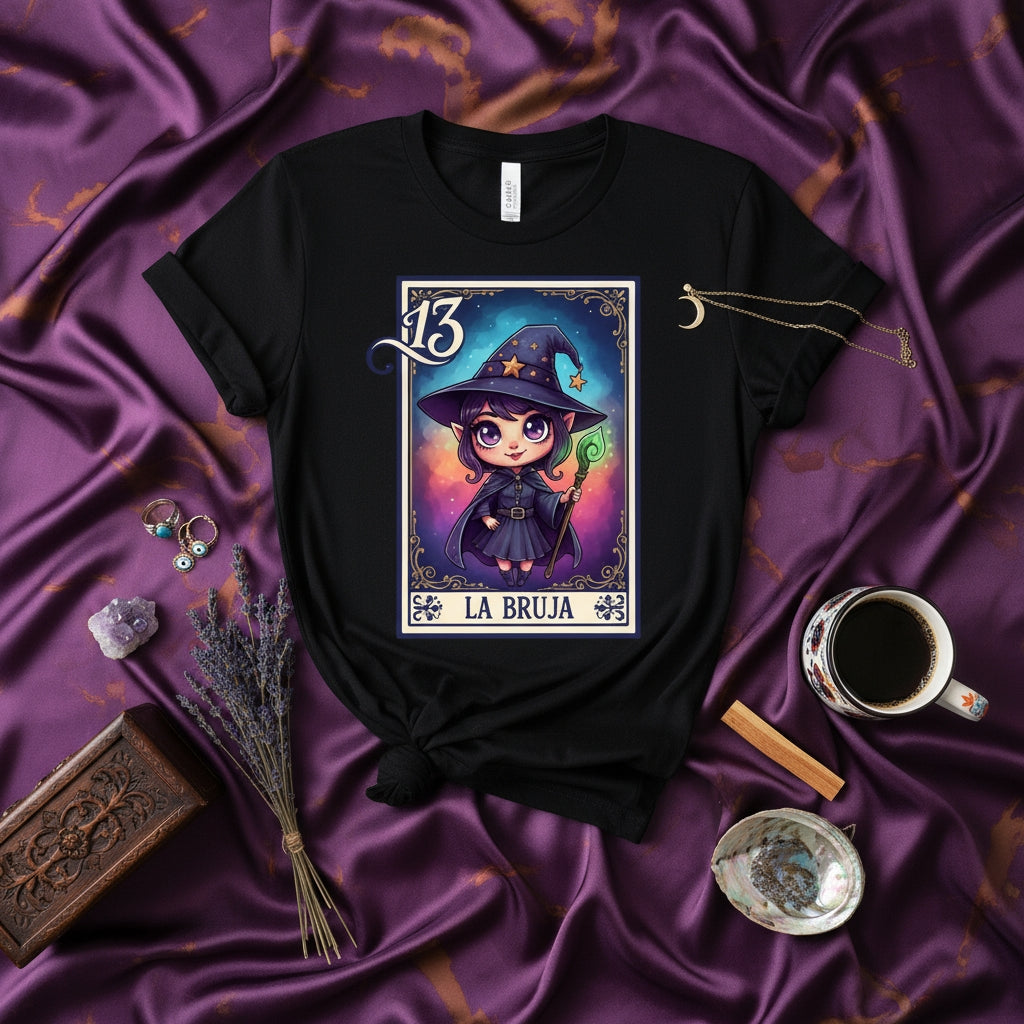 LA BRUJA Cute Chibi Witch Lotería Card 13 Unisex T-Shirt - Fantasy Gothic Magician Halloween Graphic Tee Shirt