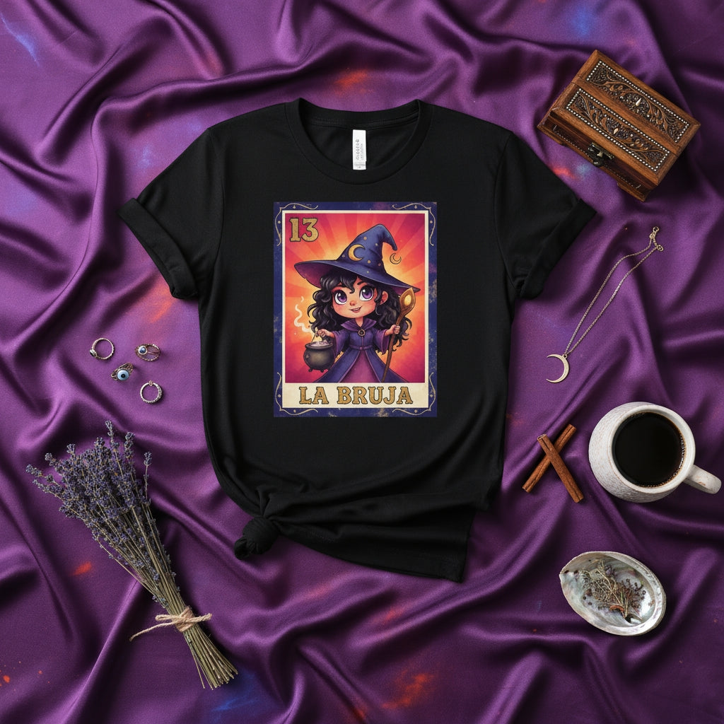 LA BRUJA Lotería Card 13 Witch T-Shirt, Cute Halloween Costume Tee, Magical El Brujo Style Design, Unisex Graphic Shirt for Fantasy Lovers and Spooky Season