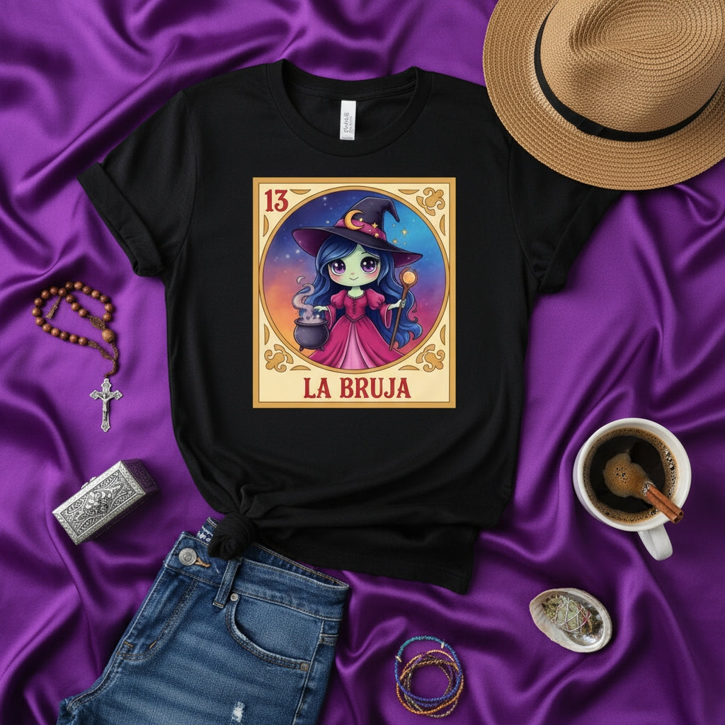 LA BRUJA Cute Kawaii Witch Lotería Card 13 T-Shirt, Mystical Sorceress Graphic Tee, Spooky Halloween Costume Shirt, Mexican Bingo Game Inspired Design, Magic Cauldron and Stars Artwork, Unisex Adult Shirt Gift Idea