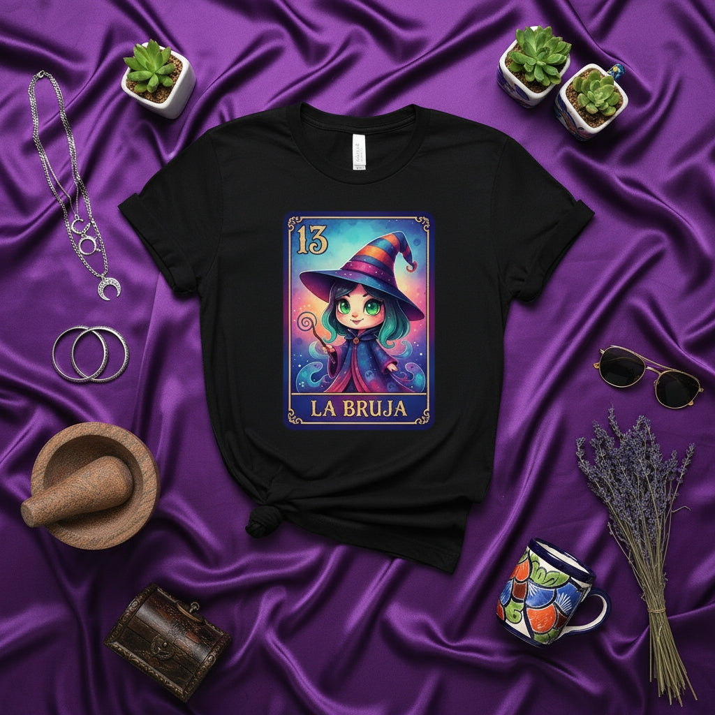 LA BRUJA Cute Chibi Witch Lotería Card 13 T-Shirt, Mystical Halloween Magic Design, Mexican Bingo Style Graphic Tee, Purple and Black Unisex Apparel, Kawaii Sorceress Costume Shirt