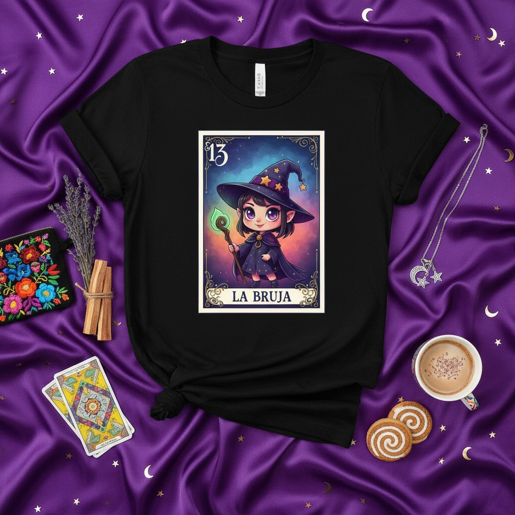 LA BRUJA Cute Chibi Witch Lotería Card 13 T-Shirt, Mystical Halloween Magic Design, Unisex Graphic Tee, Aesthetic Celestial Stars Purple Sky Art Gift