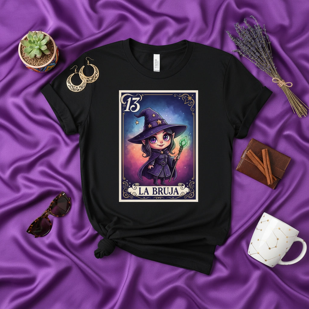 LA BRUJA Cute Chibi Witch Tarot Card Graphic Tee, Unisex Black Shirt with Loteria Style Number 13 Design, Magical Fantasy Apparel Gift Idea