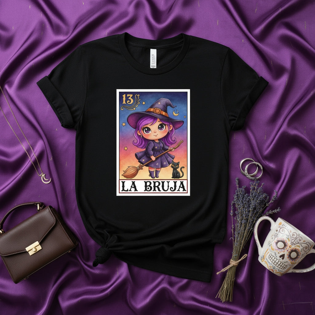 LA BRUJA Cute Chibi Witch Halloween Loteria Card T-Shirt Spooky Black Cat Broom Purple Hair Graphic Tee Unisex Mexican Bingo Game Style Number 13