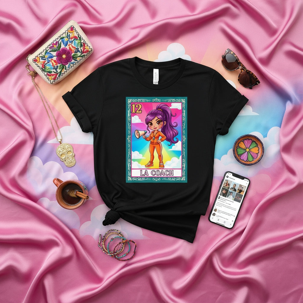 LA COACH Latina Lotería Card 12 T-Shirt, Mexican Bingo Game Inspired Cartoon Coach Graphic Tee, Unisex Hispanic Culture Apparel Gift
