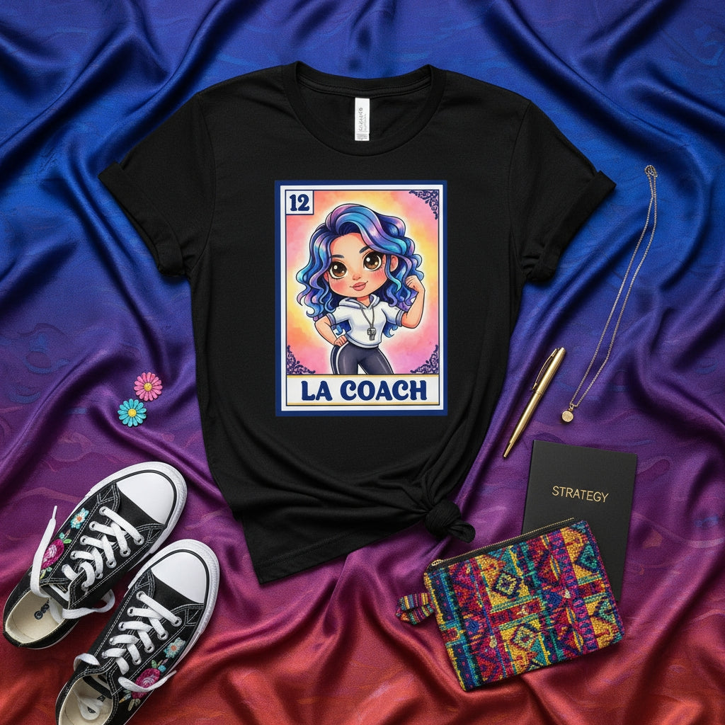 LA COACH Loteria Card T-Shirt, Cute Chibi Latina Woman Coach Design, Mexican Bingo Style Graphic Tee, Unisex Fitness Motivation Shirt Gift