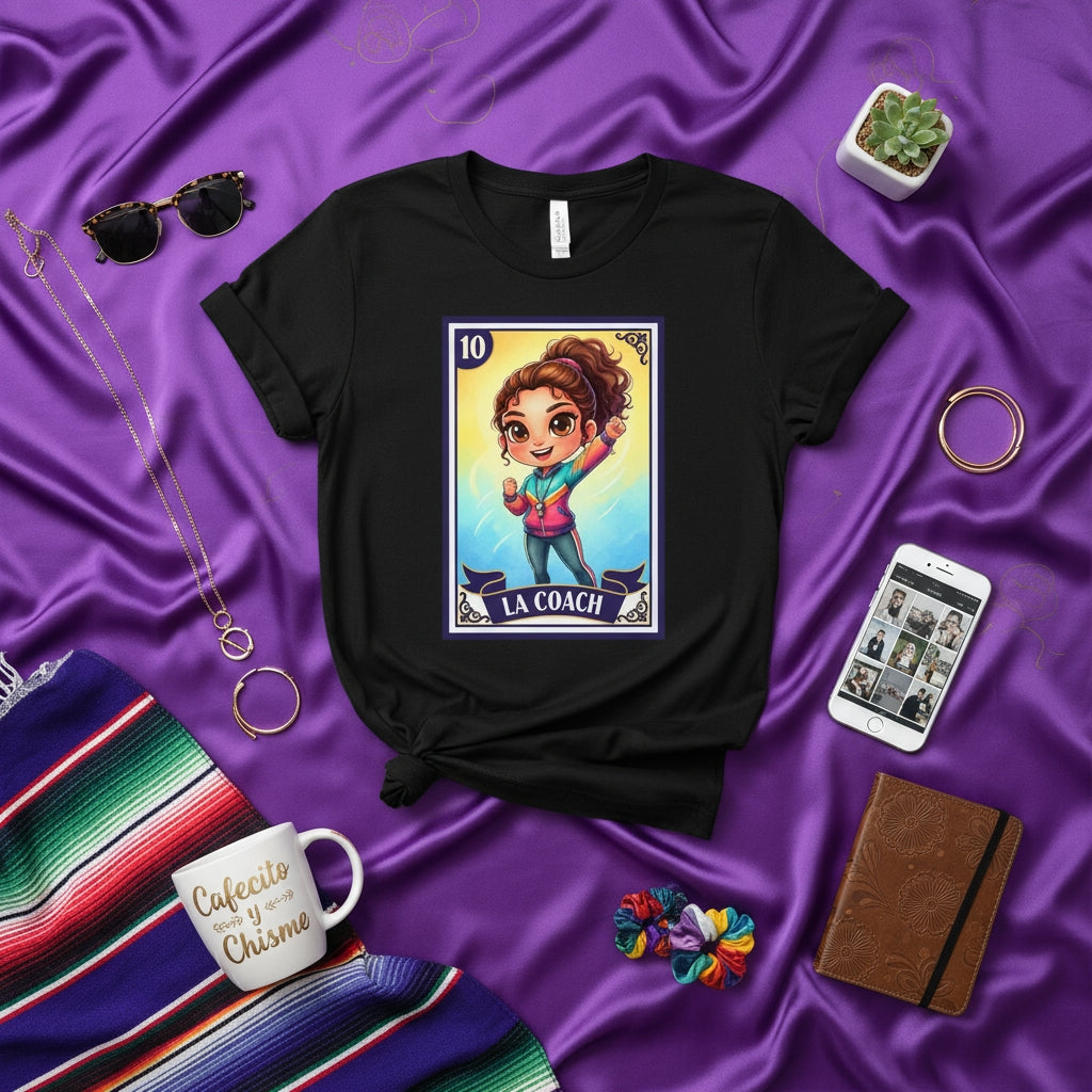 La Coach Loteria Card T-Shirt, Cute Latina Coach Mexican Bingo Game Art, Women's Empowerment Fitness Tee, Hispanic Culture Gift, Unisex Black Shirt