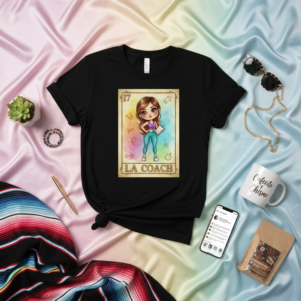 LA COACH Loteria Card T-Shirt, Cute Fitness Coach Merch Tee, Latina Gym Trainer Gift, Mexican Bingo Style Graphic Shirt for Women, Funny Workout Top for Health & Wellness Professionals
