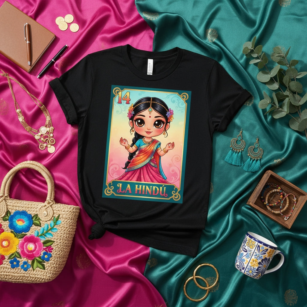 LA HINDÚ Loteria Card T-Shirt, Mexican Bingo Game La India Shirt, Cute Desi Woman Cartoon Design Tee, India Culture Inspired Funny Unisex Gift Shirt, Number 14
