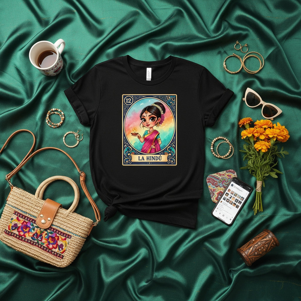 LA HINDÚ Loteria Card T-Shirt, Goddess Cartoon Illustration, Cute Diwali Festival Tee, Indian Woman in Saree, Rajasthani Jewelry, Boho Mexican Game Art, Unisex Adult Shirt, Number 12 Design Gift