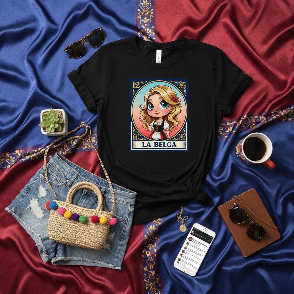 LA BELGA Loteria Card T-Shirt Cute Blonde Girl Cartoon Design Mexican Bingo Game Style Unisex Graphic Tee Apparel